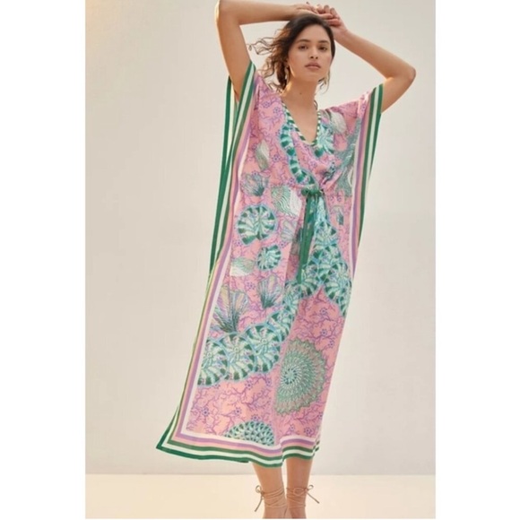 Anthropologie Dresses & Skirts - Anthropologie Caftan Scarf Maxi Dress Seashells Tie Waist Pink and Green Amazing